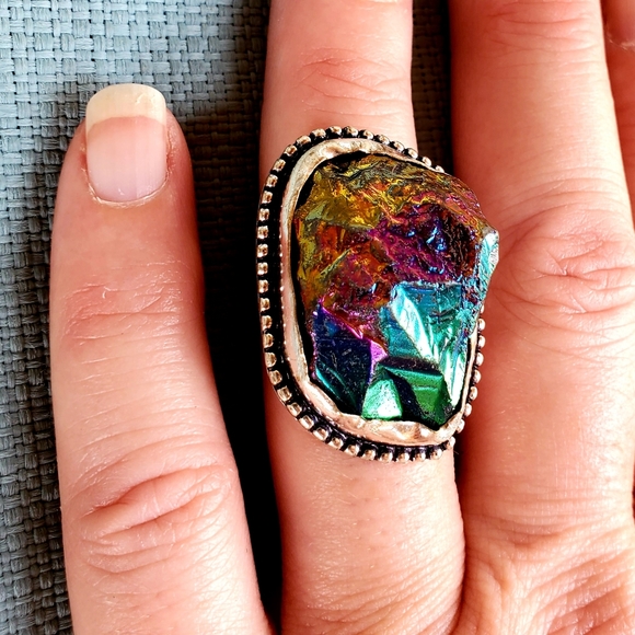New Rainbow Titanium Crystal Quartz 925 Silver Statement Ring. - Picture 8 of 12
